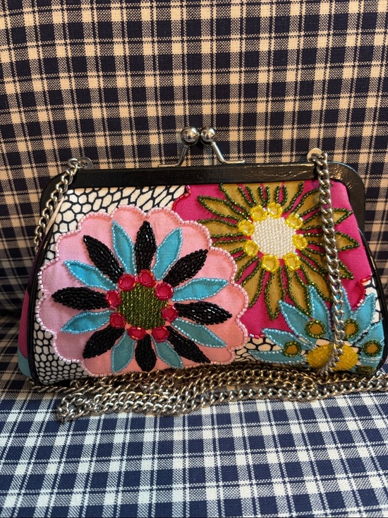 Isabella Fiore Handbags - Isabella Fiore Pink Floral Embroidered and bedazzled Clutch with silver Chain